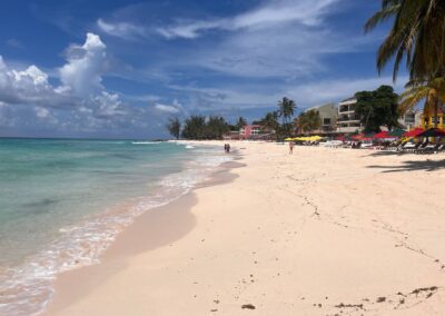 Dover beach with lifguard tower in background.