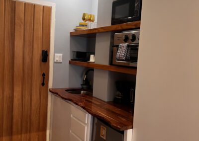 Kitchenette with microwave, toaster oven, sink, crockery and mini-fridge.