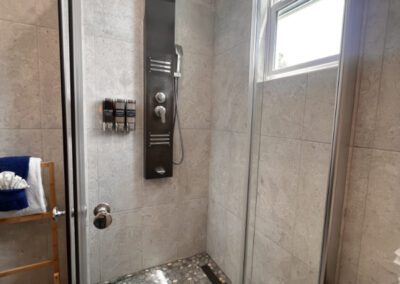 The shower has a full panel system with rainfall waterfall shower head, and massage body jets. Artisnal floor base made with locally sourced pebbles and natural coloured wall tiles.
