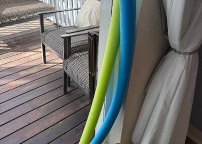 Beach equipment available in the apartments includes swim noodles and kids beach toys.