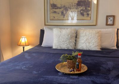 King bed with complimentary rump punch and chocolates.
