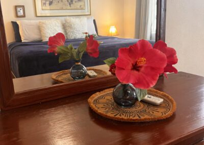 King bedroom with a pink hibiscus flower on the dresser in front of a large mirror and two white fluffy cushions on the kIng bed in the background.
