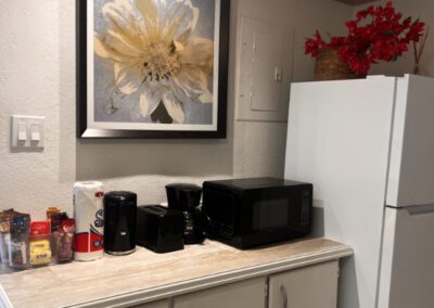 Fridge, microwave, kettle, toaster and coffeee maker with complimentary tea and coffee.