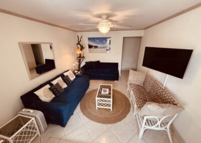 Large blue sofa with seascape artwork above, and a locally designed and made artisnal light feature. Wall mounted TV.