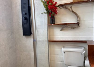 The shower has a full panel system with rainfall waterfall shower head, and massage body jets. Artisnal floor base made with locally sourced pebbles and stone coloured wall tiles.