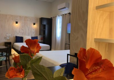 View of two beds in mirror.