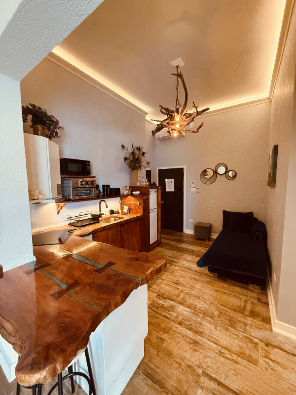 Kitchen showing breakfast bar spanning into the living room. Microwave, toaster oven, hob, fridge, with crockery and complimentary tea / coffee. Futon nestled in hallway corner.