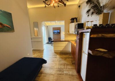 Hallway with futon alongside the kitchen with fridge, microwave, toaster ovenand crockery, with living room in background.