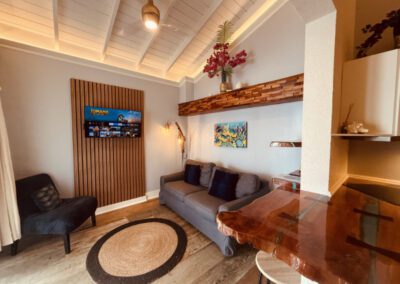 Living room with 3 seater couch, side chair with decoartive cushion and wall mounted tv.